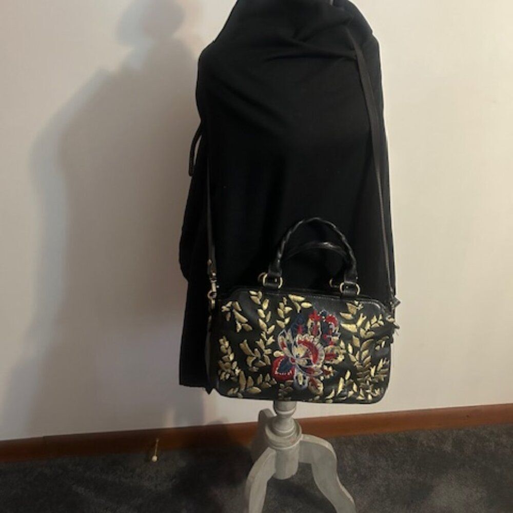 Patricia Nash Angelin Black Leather multi-color Floral embroidered satchel